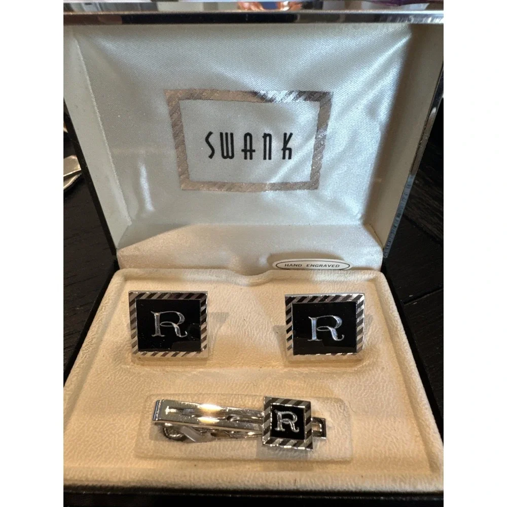 R Monogram Initial Letter Vintage SWANK Cuff Links & Tie‎ Bar Clip Silver Tone